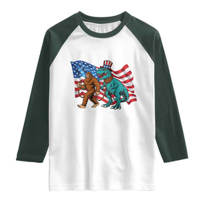 Funny Patriotic Raglan Shirt Bigfoot Walking Dinosaur With USA Flag TS12 White Dark Forest Green Print Your Wear