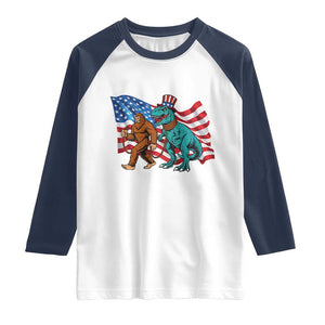 Funny Patriotic Raglan Shirt Bigfoot Walking Dinosaur With USA Flag TS12 White Navy Print Your Wear