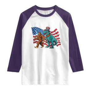 Funny Patriotic Raglan Shirt Bigfoot Walking Dinosaur With USA Flag TS12 White Purple Print Your Wear