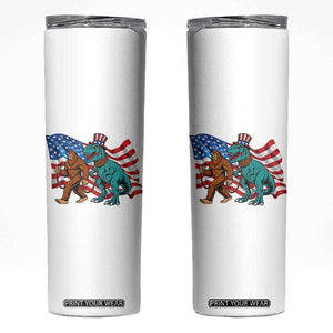 Funny Patriotic Skinny Tumbler Bigfoot Walking Dinosaur With USA Flag TS12 White Print Your Wear
