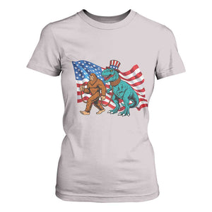 Funny Patriotic T Shirt For Women Bigfoot Walking Dinosaur With USA Flag TS12 Ice Gray Print Your Wear