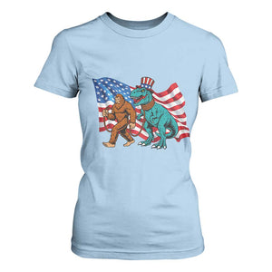 Funny Patriotic T Shirt For Women Bigfoot Walking Dinosaur With USA Flag TS12 Light Blue Print Your Wear