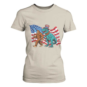Funny Patriotic T Shirt For Women Bigfoot Walking Dinosaur With USA Flag TS12 Sand Print Your Wear