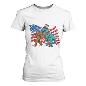 Funny Patriotic T Shirt For Women Bigfoot Walking Dinosaur With USA Flag TS12 White Print Your Wear