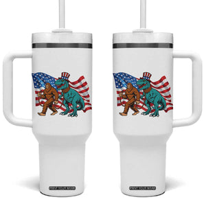 Funny Patriotic Tumbler With Handle Bigfoot Walking Dinosaur With USA Flag TS12 One Size: 40 oz White Print Your Wear