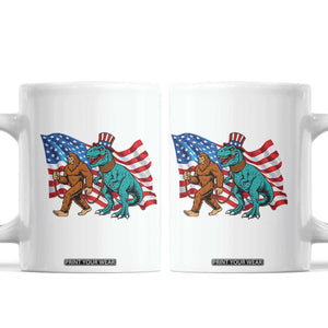 Funny Patriotic Coffee Mug Bigfoot Walking Dinosaur With USA Flag TS12 White Print Your Wear