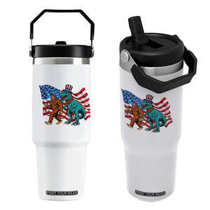 Funny Patriotic Flip Straw Tumbler Bigfoot Walking Dinosaur With USA Flag TS12 One Size: 30 oz White Print Your Wear