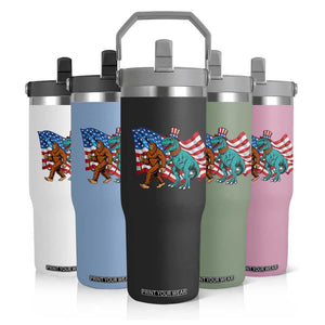 Funny Patriotic Flip Straw Tumbler Bigfoot Walking Dinosaur With USA Flag TS12 Print Your Wear