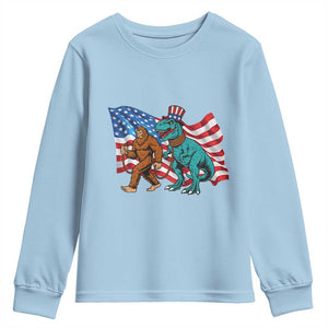 Funny Patriotic Youth Sweatshirt Bigfoot Walking Dinosaur With USA Flag TS12 Light Blue Print Your Wear