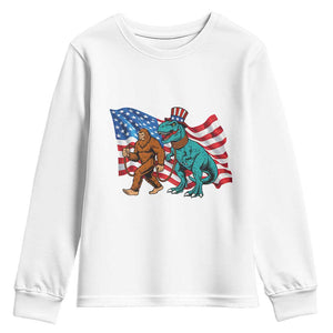 Funny Patriotic Youth Sweatshirt Bigfoot Walking Dinosaur With USA Flag TS12 White Print Your Wear