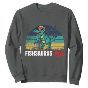Funny Dinosaur Sweatshirt Fishsaurus Rex Fishing Lover TS12 Dark Heather Print Your Wear