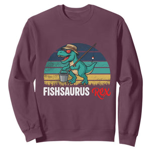Funny Dinosaur Sweatshirt Fishsaurus Rex Fishing Lover TS12 Maroon Print Your Wear