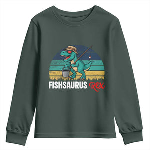 Funny Dinosaur Youth Sweatshirt Fishsaurus Rex Fishing Lover TS12 Dark Forest Green Print Your Wear