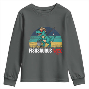 Funny Dinosaur Youth Sweatshirt Fishsaurus Rex Fishing Lover TS12 Dark Heather Print Your Wear