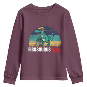 Funny Dinosaur Youth Sweatshirt Fishsaurus Rex Fishing Lover TS12 Maroon Print Your Wear