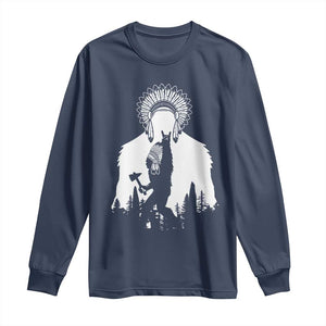 Bigfoot Native American Chief Long Sleeve Shirt Hunting Spear Warrior Graphic