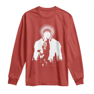 Bigfoot Native American Chief Long Sleeve Shirt Hunting Spear Warrior Graphic