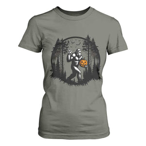 Funny Halloween Bigfoot With Jack O Lantern T Shirt For Women TS12 Military Green Print Your Wear