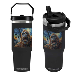 Funny Halloween Flip Straw Tumbler Bigfoot Selfie With Ghost Starry Night Art TS12 One Size: 30 oz Black Print Your Wear