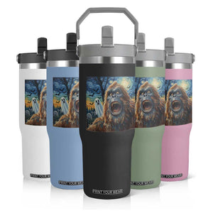 Funny Halloween Flip Straw Tumbler Bigfoot Selfie With Ghost Starry Night Art TS12 Print Your Wear