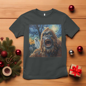 Funny Halloween T Shirt Bigfoot Selfie With Ghost Starry Night Art TS12 Dark Heather Print Your Wear