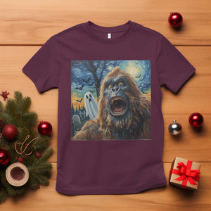 Funny Halloween T Shirt Bigfoot Selfie With Ghost Starry Night Art TS12 Maroon Print Your Wear