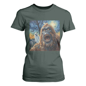 Funny Halloween T Shirt For Women Bigfoot Selfie With Ghost Starry Night Art TS12 Dark Forest Green Print Your Wear