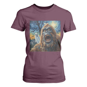 Funny Halloween T Shirt For Women Bigfoot Selfie With Ghost Starry Night Art TS12 Maroon Print Your Wear