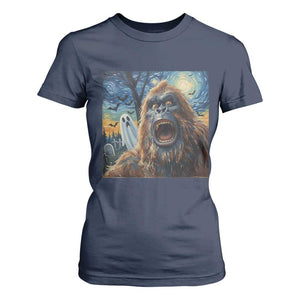 Funny Halloween T Shirt For Women Bigfoot Selfie With Ghost Starry Night Art TS12 Navy Print Your Wear