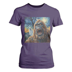 Funny Halloween T Shirt For Women Bigfoot Selfie With Ghost Starry Night Art TS12 Purple Print Your Wear