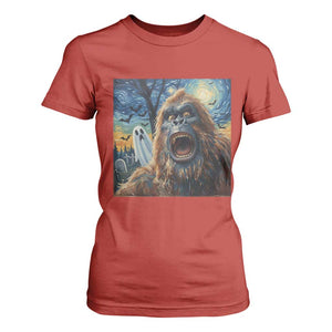 Funny Halloween T Shirt For Women Bigfoot Selfie With Ghost Starry Night Art TS12 Red Print Your Wear