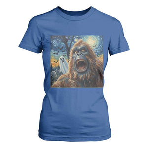Funny Halloween T Shirt For Women Bigfoot Selfie With Ghost Starry Night Art TS12 Royal Blue Print Your Wear