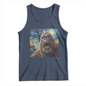 Funny Halloween Tank Top Bigfoot Selfie With Ghost Starry Night Art TS12 Navy Print Your Wear