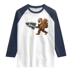 Believe Bigfoot Christmas Raglan Shirt Sasquatch Holiday Gift TS12 White Navy Print Your Wear
