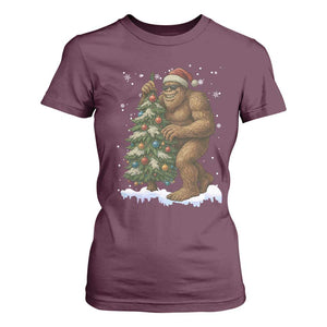 Funny Christmas T Shirt For Women Bigfoot Decorating Xmas Tree Gift TS12 Maroon Print Your Wear