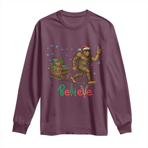 Bigfoot Christmas Long Sleeve Shirt Believe Funny Holiday Gift TS12 Maroon Print Your Wear