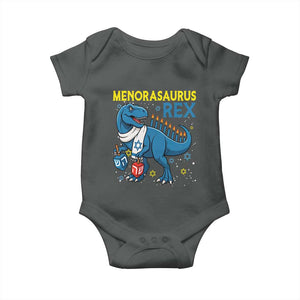Funny Hanukkah Dinosaur With Dreidel Menorah Pun Gift Baby Onesie Menorasaurus Rex TS12 Dark Heather Print Your Wear