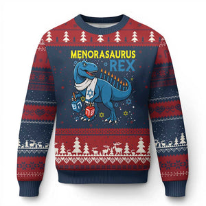 Funny Hanukkah Dinosaur With Dreidel Menorah Pun Gift Ugly Christmas Sweater Menorasaurus Rex TS12 Navy Red Print Your Wear