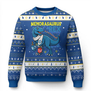 Funny Dinosaur With Dreidel Menorah Pun Gift Hanukkah Ugly Sweater Menorasaurus Rex TS12 Blue White Print Your Wear