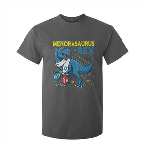 Funny Hanukkah Dinosaur With Dreidel Menorah Pun Gift T Shirt For Kid Menorasaurus Rex TS12 Dark Heather Print Your Wear