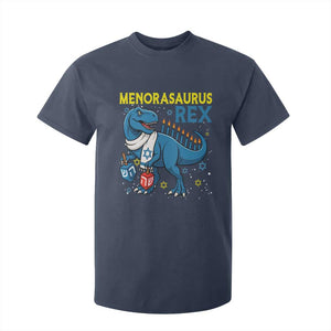 Funny Hanukkah Dinosaur With Dreidel Menorah Pun Gift T Shirt For Kid Menorasaurus Rex TS12 Navy Print Your Wear