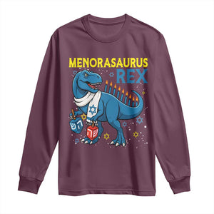 Funny Hanukkah Dinosaur With Dreidel Menorah Pun Gift Long Sleeve Shirt Menorasaurus Rex TS12 Maroon Print Your Wear