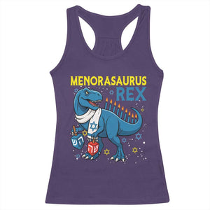 Funny Hanukkah Dinosaur With Dreidel Menorah Pun Gift Racerback Tank Top Menorasaurus Rex TS12 Purple Print Your Wear
