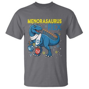 Funny Hanukkah Dinosaur With Dreidel Menorah Pun Gift T Shirt Menorasaurus Rex TS12 Charcoal Print Your Wear