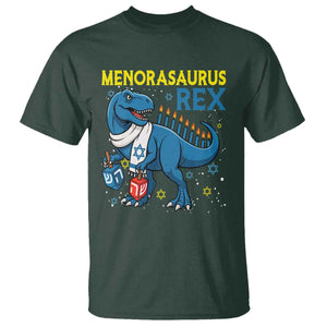Funny Hanukkah Dinosaur With Dreidel Menorah Pun Gift T Shirt Menorasaurus Rex TS12 Dark Forest Green Print Your Wear