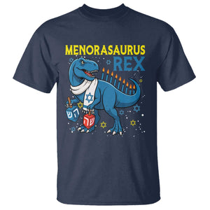 Funny Hanukkah Dinosaur With Dreidel Menorah Pun Gift T Shirt Menorasaurus Rex TS12 Navy Print Your Wear