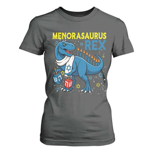 Funny Hanukkah Dinosaur With Dreidel Menorah Pun Gift T Shirt For Women Menorasaurus Rex TS12 Dark Heather Print Your Wear
