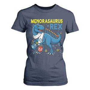 Funny Hanukkah Dinosaur With Dreidel Menorah Pun Gift T Shirt For Women Menorasaurus Rex TS12 Navy Print Your Wear