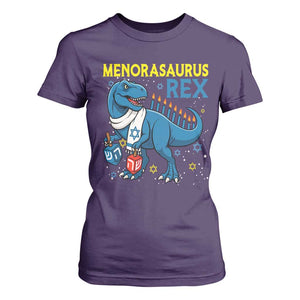 Funny Hanukkah Dinosaur With Dreidel Menorah Pun Gift T Shirt For Women Menorasaurus Rex TS12 Purple Print Your Wear