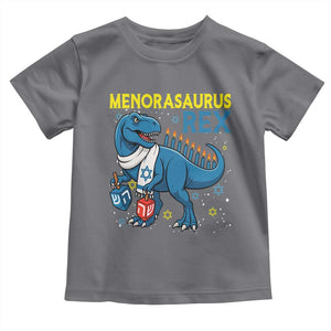 Funny Hanukkah Dinosaur With Dreidel Menorah Pun Gift Toddler T Shirt Menorasaurus Rex TS12 Charcoal Print Your Wear